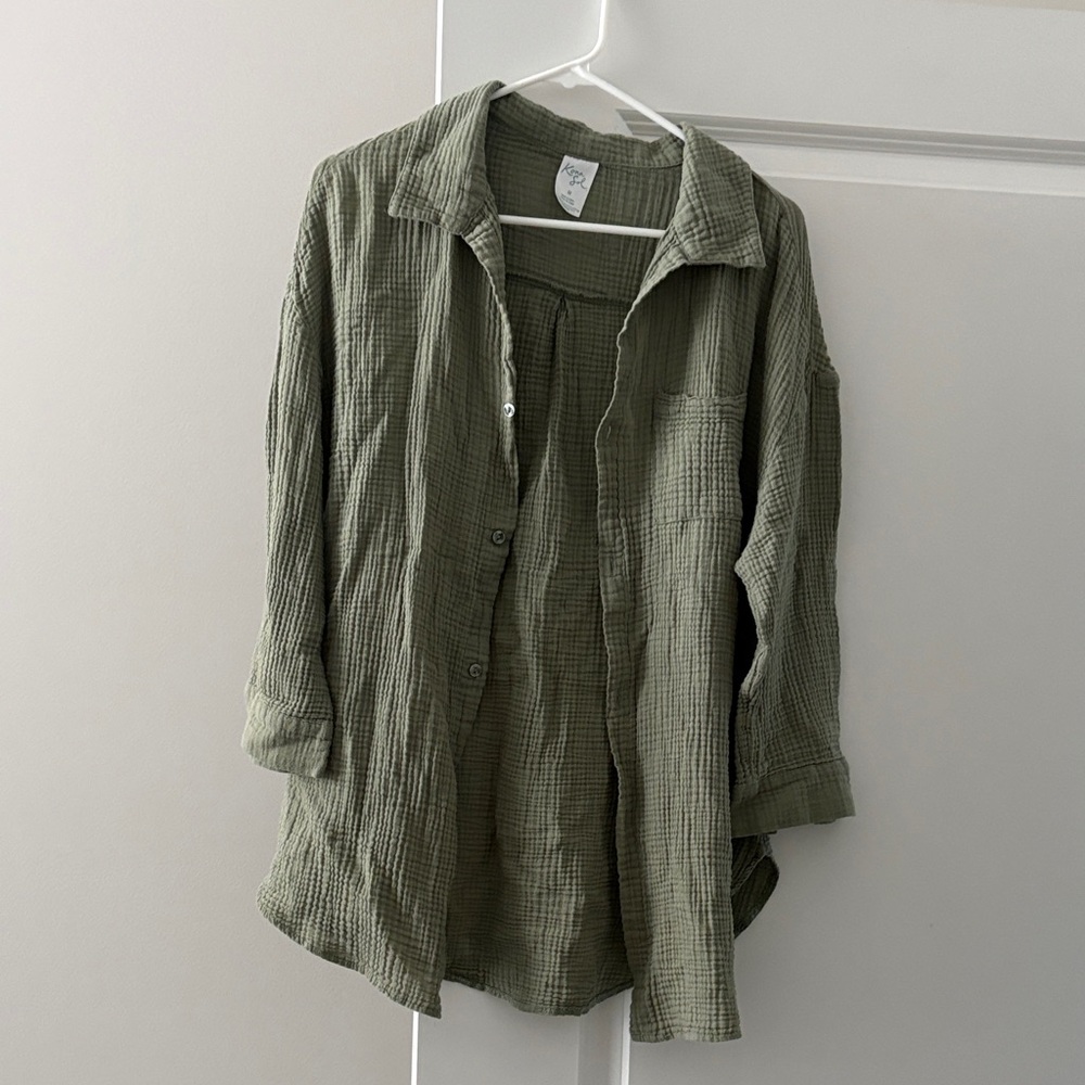 Lightweight Olive Green Gauze Button-Up bathing suit cover up Shirt